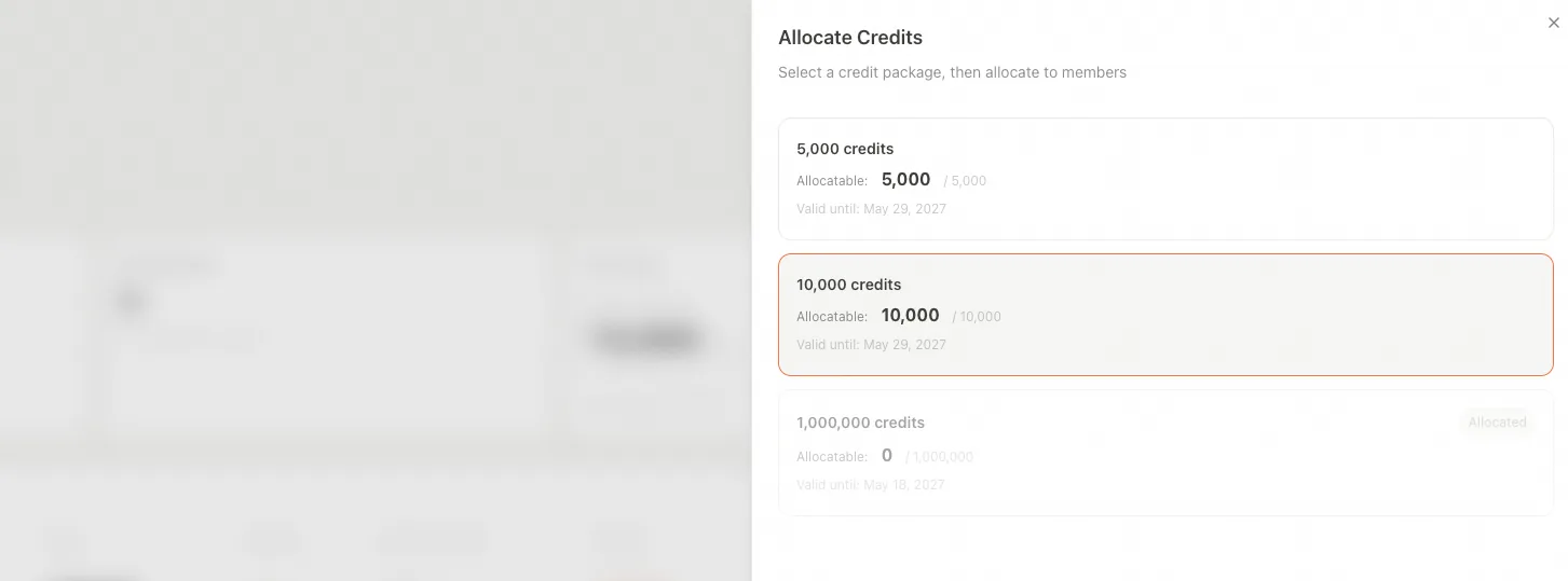 Select which Credits package to allocate