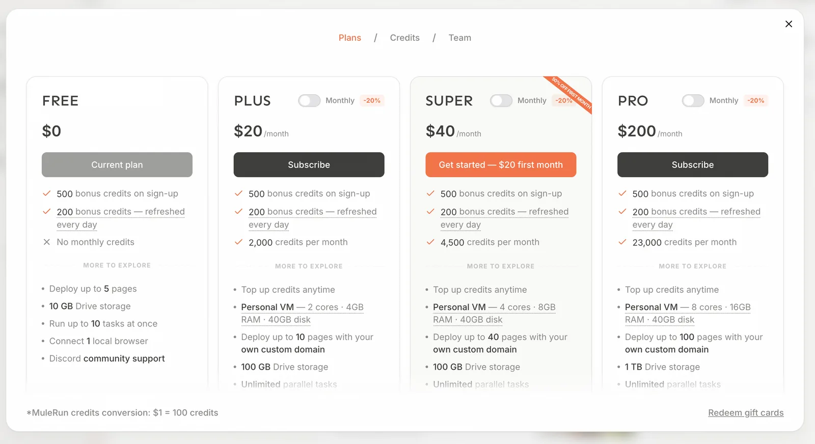 Plan selection screen showing available subscription tiers