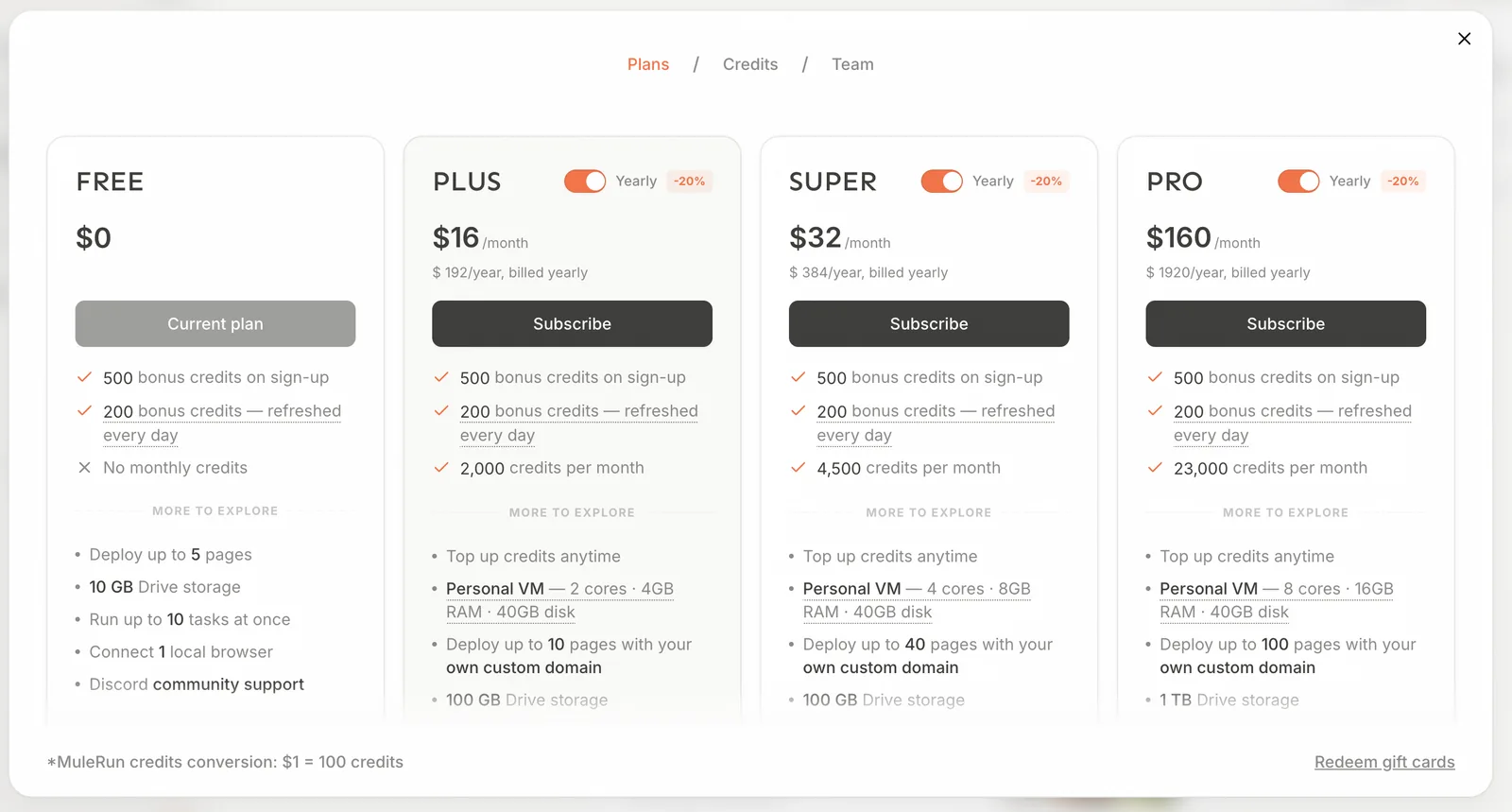 Plan options and pricing detail