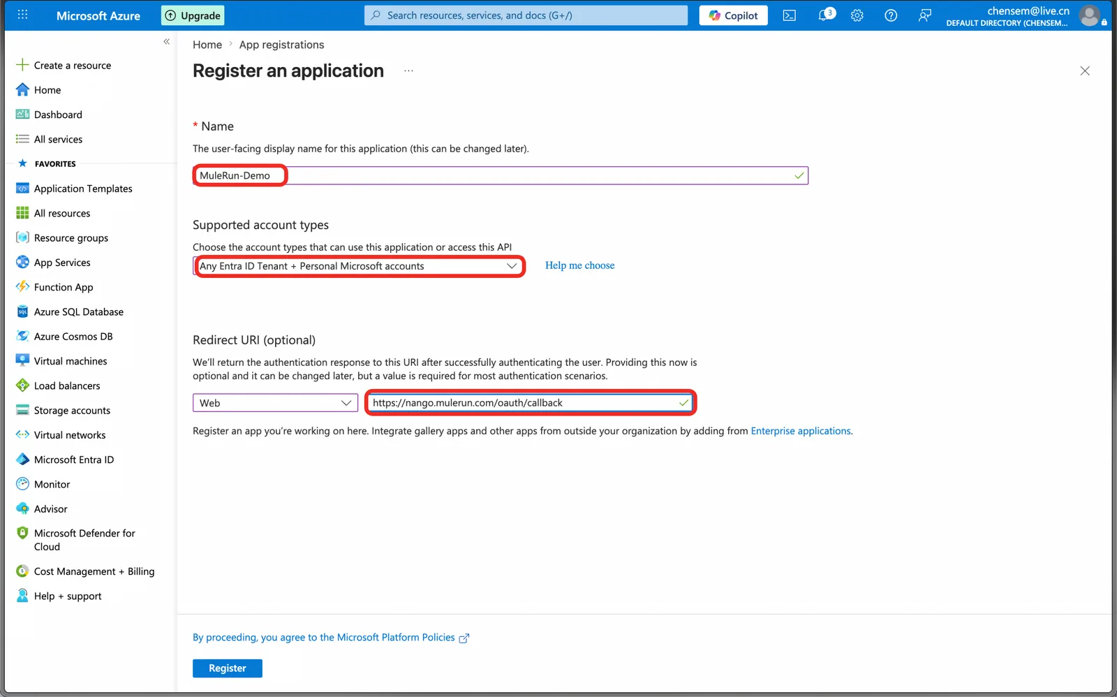 Azure app registration form (2)