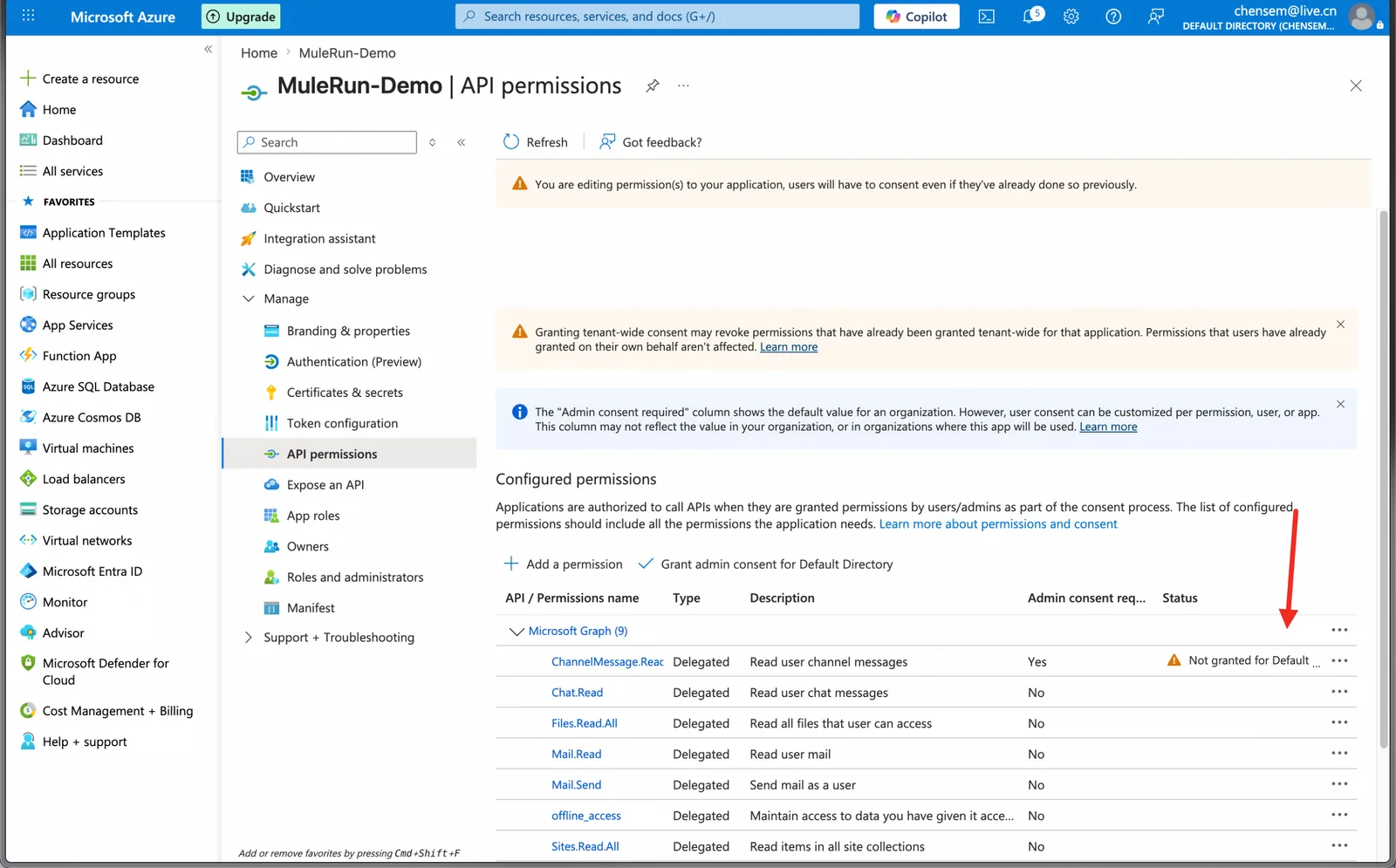 Select Microsoft Graph Delegated permissions (2)