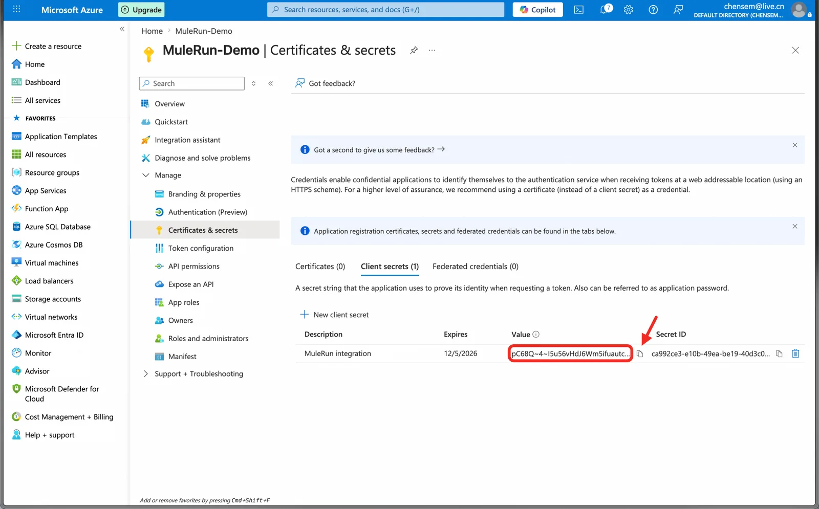 Copy the Client Secret Value immediately (3)