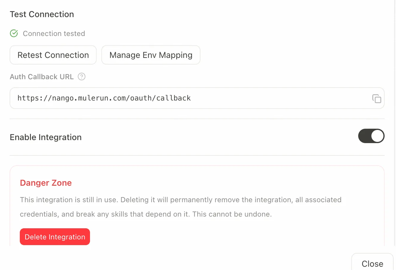 Integration enabled automatically after a successful connection