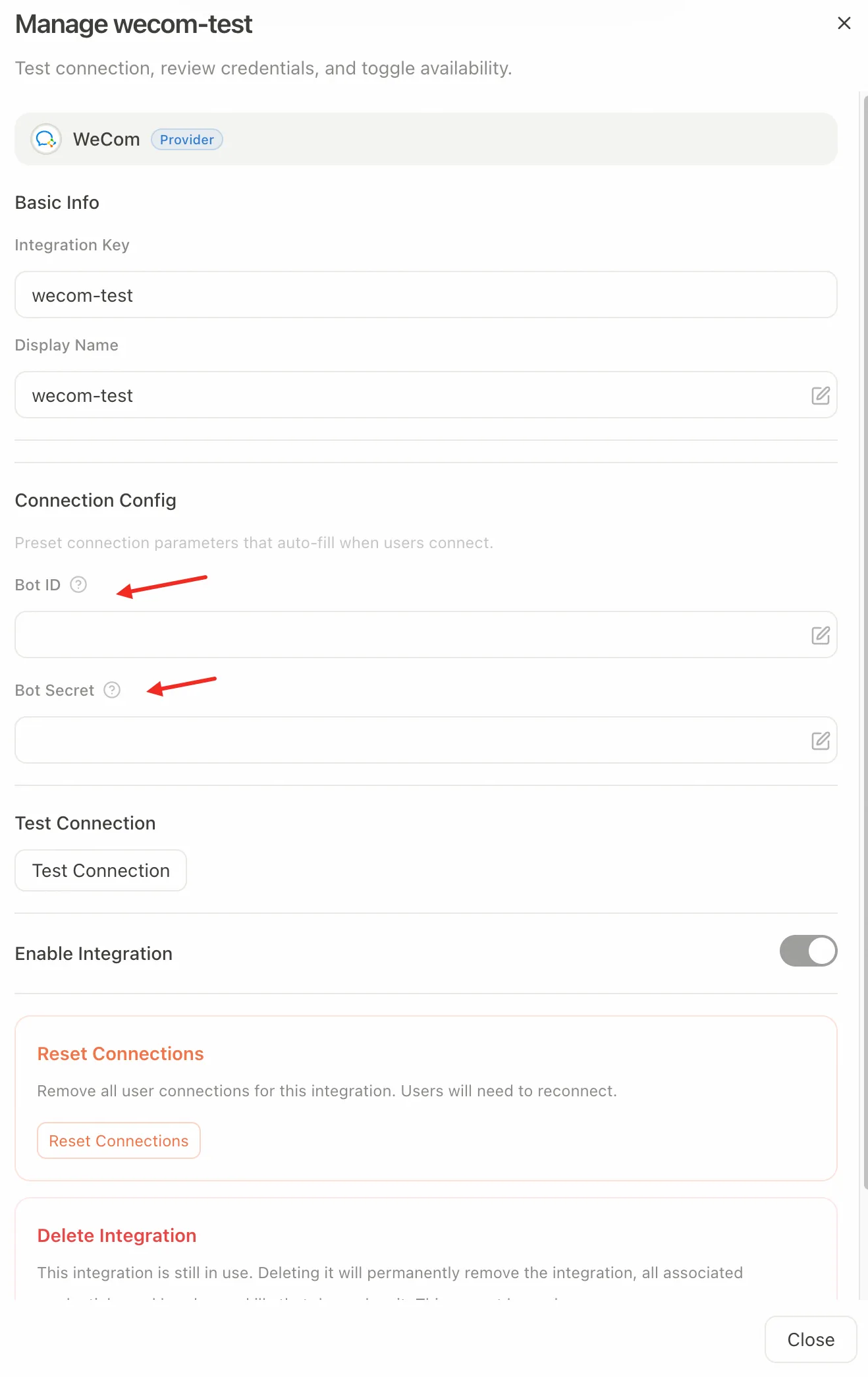 MuleRun WeCom integration with Bot ID/Secret left blank