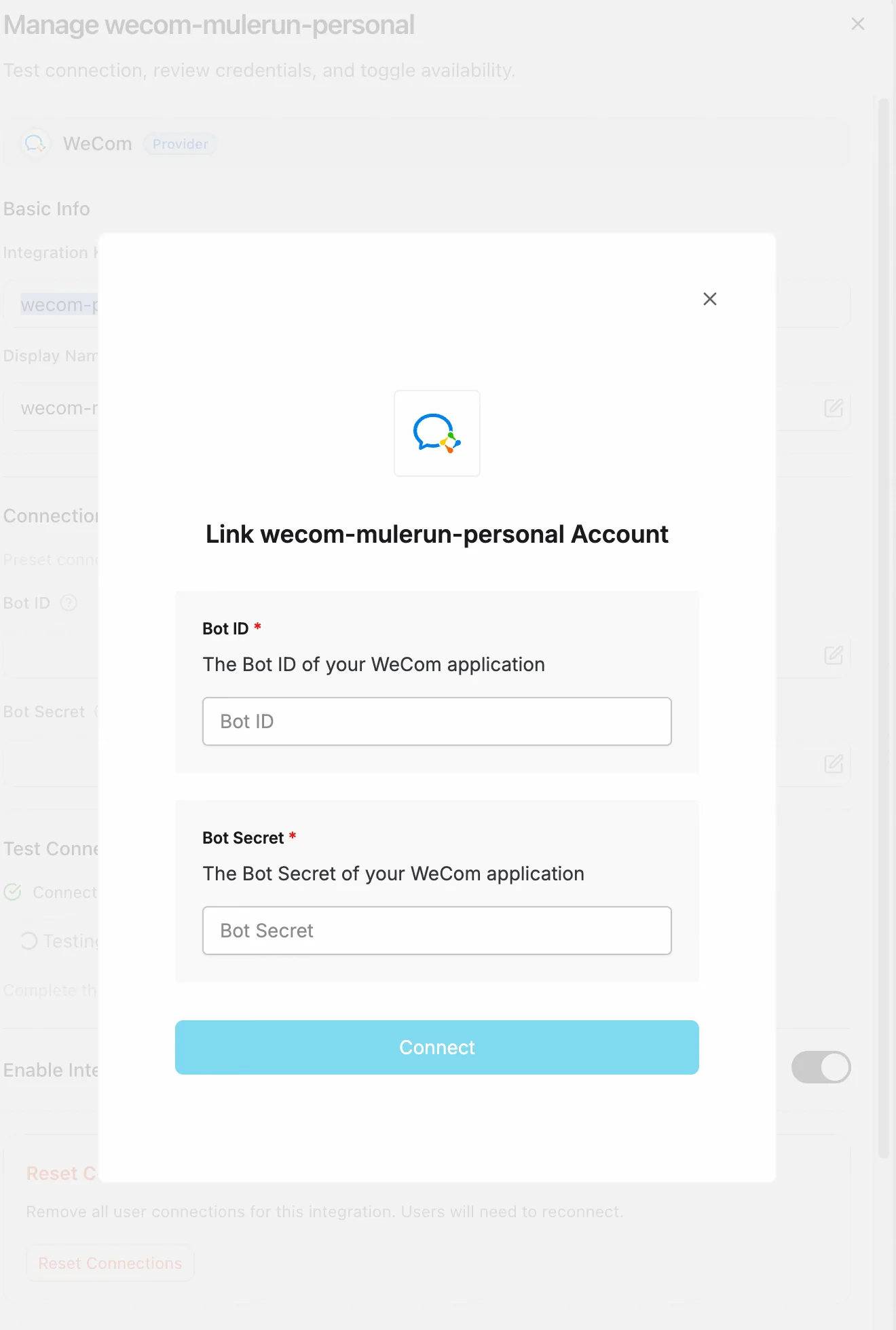 Test Connection with your personal bot ID/Secret