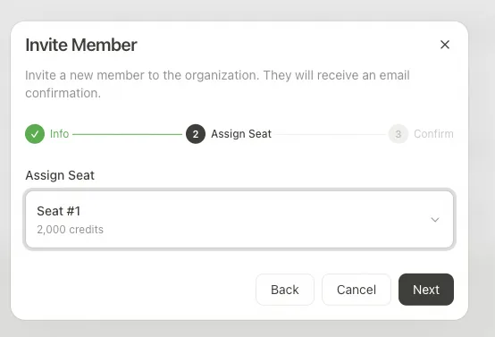 Invitation dialog — select seat
